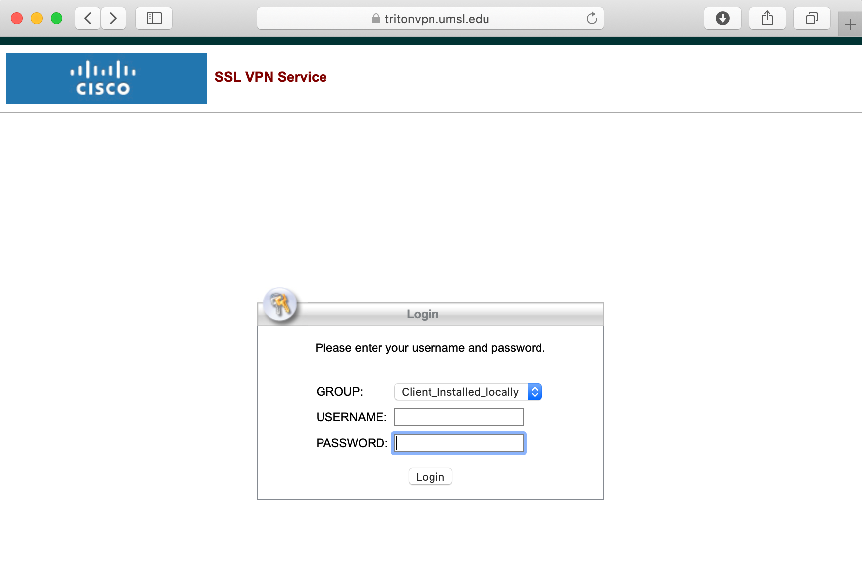 Login screen for Cisco's SSL VPN service, prompting users to enter their username and password.