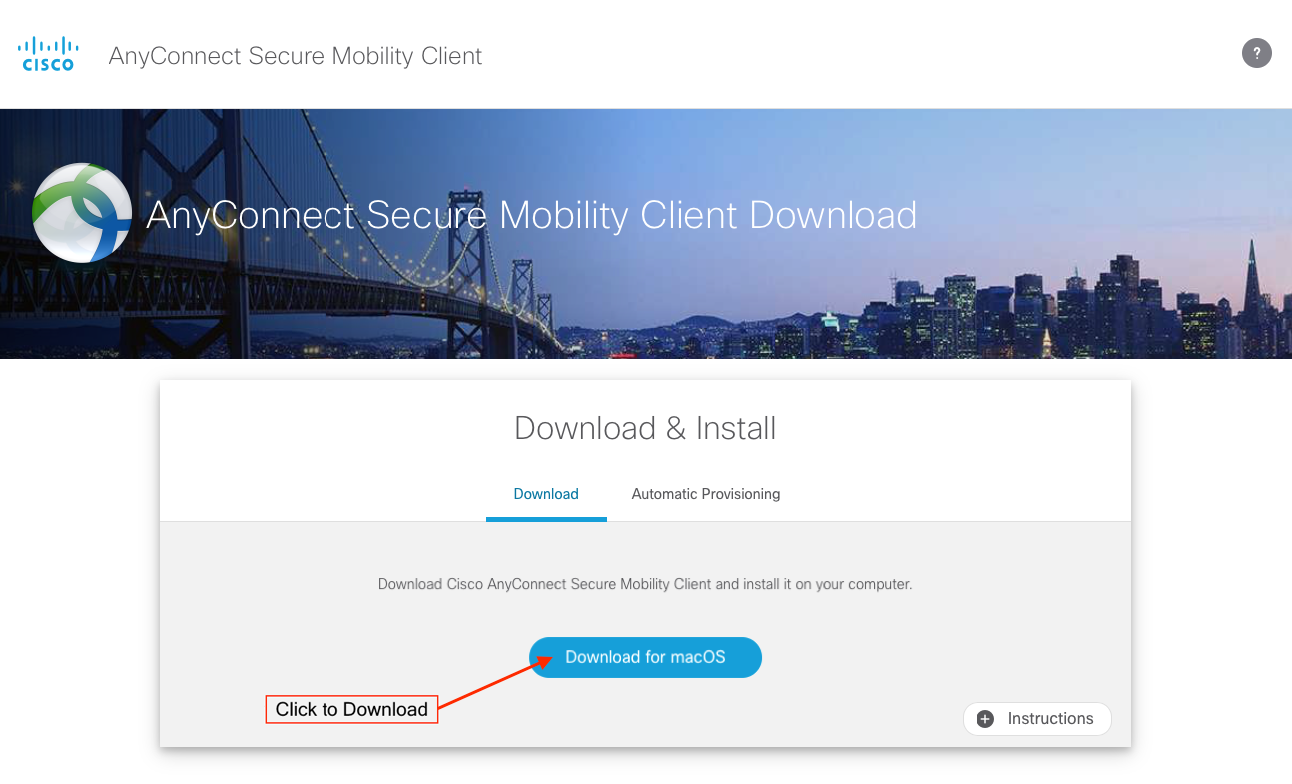 Cisco AnyConnect Secure Mobility Client download page with a highlighted button for downloading the macOS version.