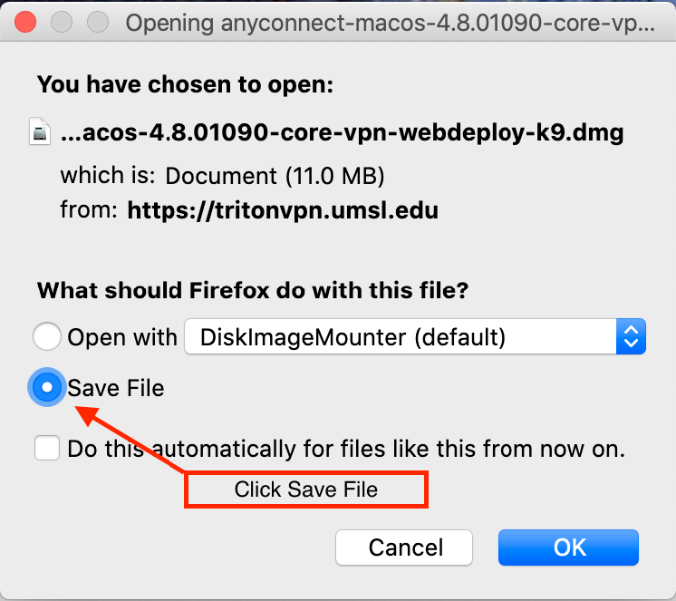 Screenshot of a Firefox download dialog box with options to open or save a VPN installation file.