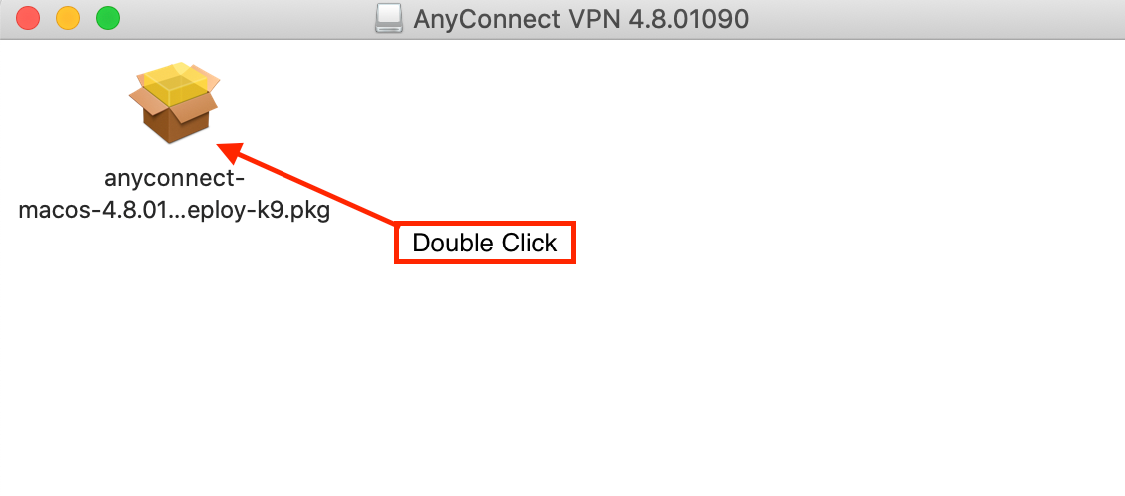 Screenshot showing the AnyConnect VPN installation package with an arrow pointing to the double-click instruction for installation on macOS.