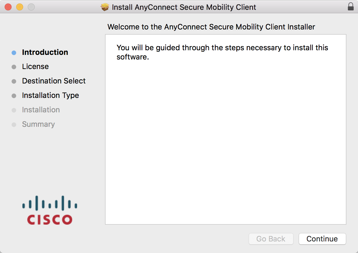 Screenshot of the AnyConnect Secure Mobility Client installer interface, featuring a welcome message and the Cisco logo.