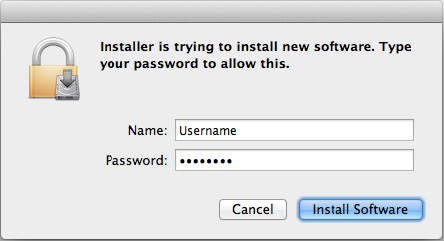 Password prompt dialog for software installation on a Mac.
