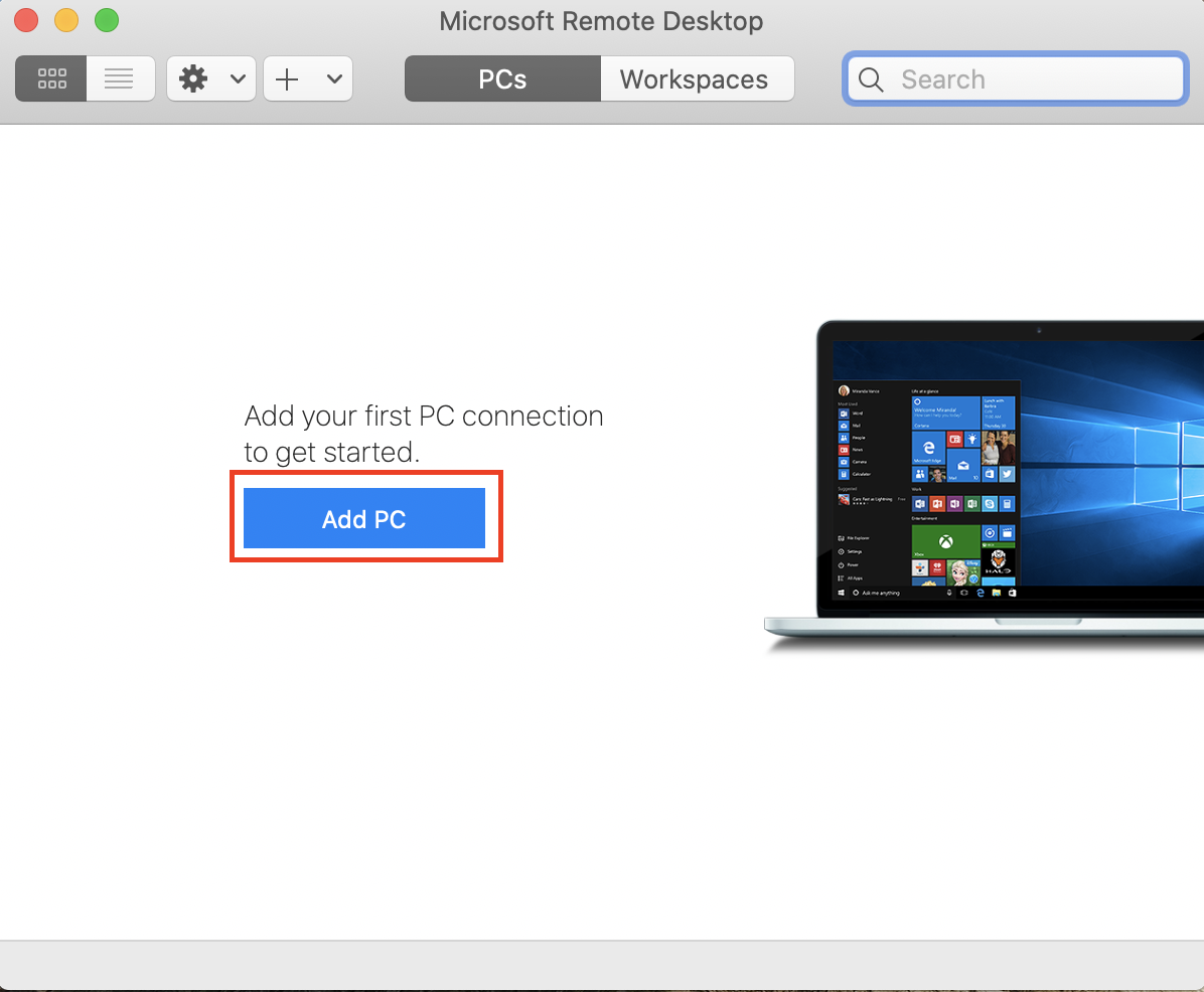 Screenshot of the Microsoft Remote Desktop application showing the option to "Add PC" for creating a new connection.