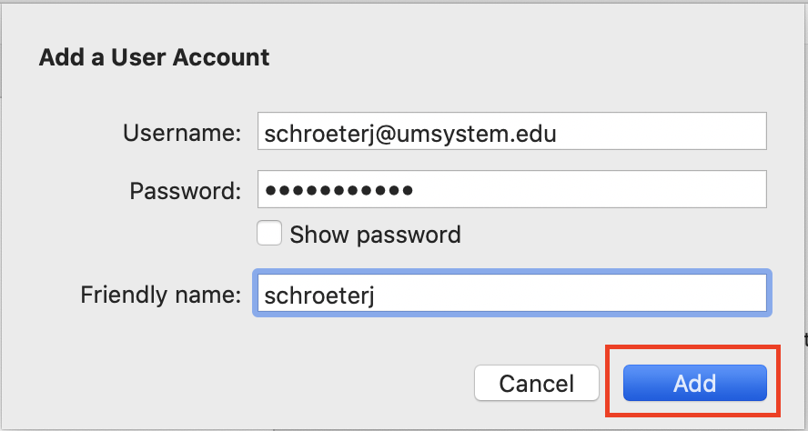 Login form for adding a user account with fields for username, password, and friendly name, including an "Add" button.