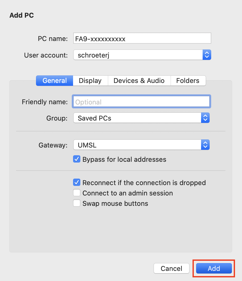 Screenshot of the "Add PC" dialog box featuring fields for PC name, user account, and options for grouping and gateway settings on a Mac interface.