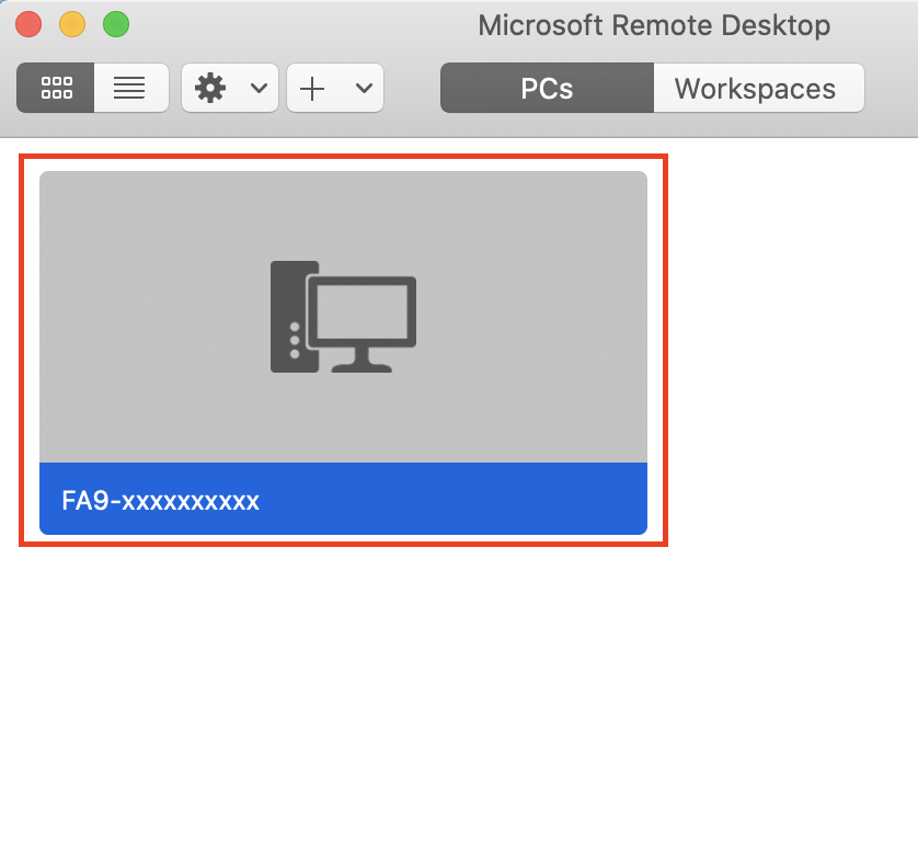 Microsoft Remote Desktop interface showing a PC connection option labeled FA9-xxxxxxxxxx.
