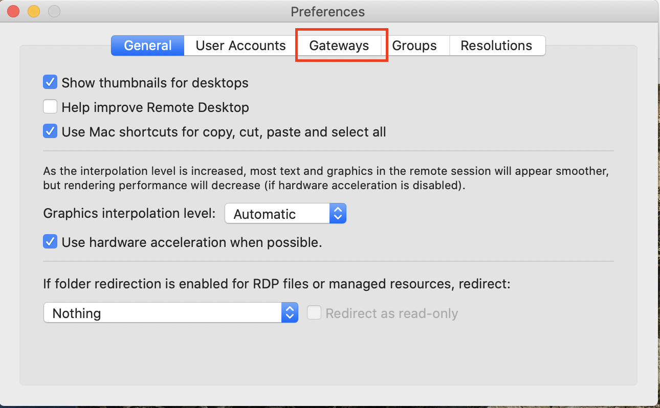 Screenshot of the "Gateways" tab in a software preferences menu, highlighting options related to remote desktop settings and graphics interpolation.
