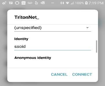 Window displaying network connection options for "TritonNet," including fields for identity and anonymous identity.