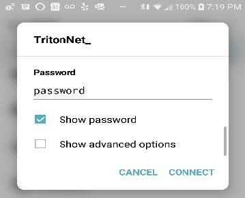 Login prompt for TritonNet with options to show the password and advanced settings.