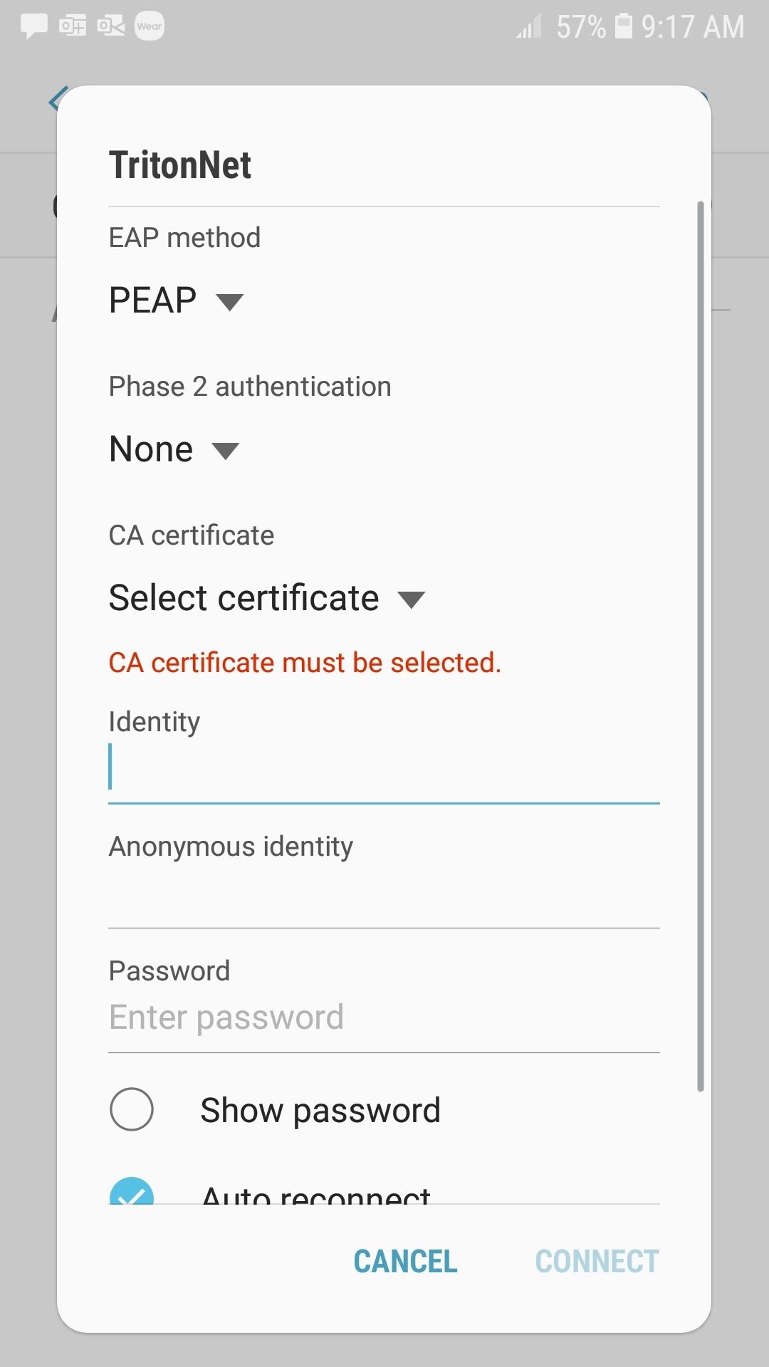 Screenshot of a mobile device's Wi-Fi settings interface, displaying options for configuring network authentication methods in TritonNet.