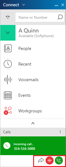 Screenshot of a communication application interface displaying the contact's name with details such as availability status, recent calls, and an incoming call notification.