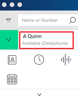 Screenshot of a user interface displaying a contact named A Quinn, indicating their availability status as "Available (Deskphone)."