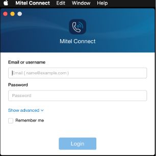 Login screen for Mitel Connect application featuring fields for email or username and password.