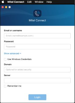 Login interface for Mitel Connect with fields for email, password, and additional security options.