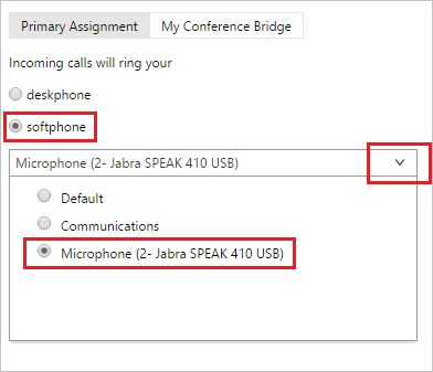 Screenshot of a software interface showing settings for softphone and microphone selection, specifically highlighting the Jabra SPEAK 410 USB option.
