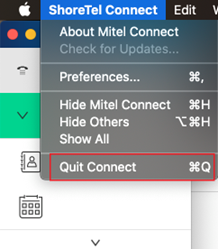Screenshot of the ShoreTel Connect application menu showing options including "Preferences," "Hide," and "Quit Connect."