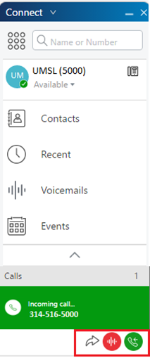 Screenshot of a call interface displaying incoming call details with contact options and status indicators.