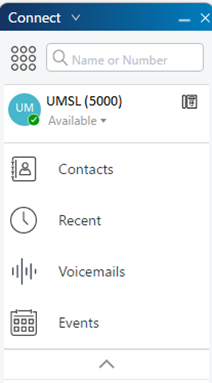 User interface screenshot of the Connect application showing available options including Contacts, Recent calls, Voicemails, and Events.