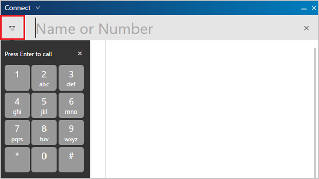 Screenshot of a phone connection interface showing a dial pad and a text box for entering a name or number.