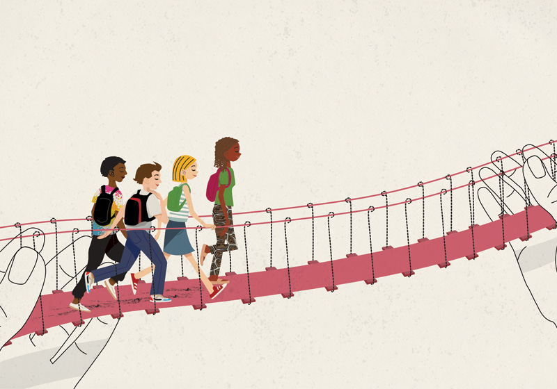 Illustration of four students with backpacks walking across a suspended bridge held up by large hands.