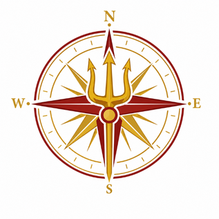 Stylized compass rose with gold and red points and cardinal directions N, E, S, and W.