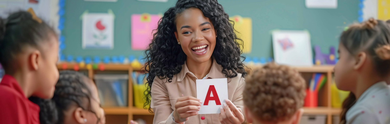 female teacher holding an A flashcard up to a group of children