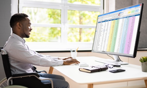 medical coder in wheelchair working at spreadsheet