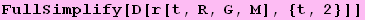 FullSimplify[D[r[t, R, G, M], {t, 2}]]