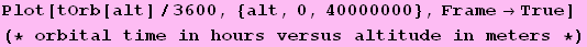 Plot[tOrb[alt]/3600, {alt, 0, 40000000}, Frame→True] (* orbital time in hours versus altitude in meters *)