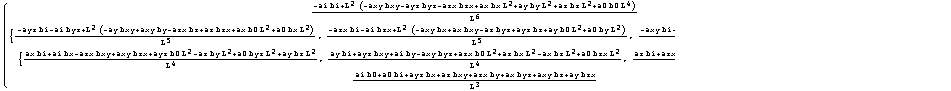 ( {{(-ai bi + L^2 (-axy bxy - ayz byz - azx bzx + ax bx L^2 + ay by L^2 + az bz L^2  ... 2)/L^4}}, {(ai b0 + a0 bi + ayz bx + az bxy + azx by + ax byz + axy bz + ay bzx)/L^3}} )