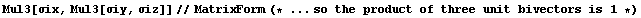 Mul3[σix, Mul3[σiy, σiz]]//MatrixForm (* ... so the product of three unit bivectors is 1 *)
