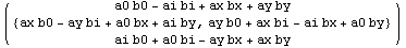 ( {{a0 b0 - ai bi + ax bx + ay by}, {{ax b0 - ay bi + a0 bx + ai by, ay b0 + ax bi - ai bx + a0 by}}, {ai b0 + a0 bi - ay bx + ax by}} )