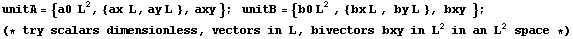 unitA = {a0&nbsp;&nbsp;L^2, {ax&nbsp;&nbsp;L, ay L }, axy } ; &nbsp;&nbsp;unitB = {b0 L^2 ,  ... sp;&nbsp;} ; (* try scalars dimensionless, vectors in L, bivectors bxy in L^2 in an L^2 space *)