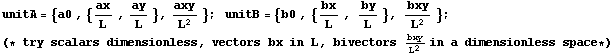 unitA = {a0 , {ax/L , ay/L }, axy/L^2 } ; &nbsp;&nbsp;unitB = {b0 , {bx/L , by/L }, bxy/L^2 } ; (* try scalars dimensionless, vectors bx in L, bivectors bxy/L^2in a dimensionless space*)