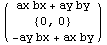 ( {{ax bx + ay by}, {{0, 0}}, {-ay bx + ax by}} )