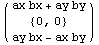 ( {{ax bx + ay by}, {{0, 0}}, {ay bx - ax by}} )