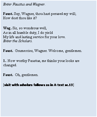 Text Box: Enter Faustus and Wagner.
Faust. Say, Wagner, thou hast perused my will;
How dost thou like it?
Wag. Sir, so wondrous well,
As in all humble duty, I do yield
My life and lasting service for your love.
Enter the Scholars.
Faust.  Gramercies, Wagner. Welcome, gentlemen.
1.  Now worthy Faustus, me thinks your looks are changed.
Faust.  Oh, gentlemen.   
[visit with scholars follows as in A-text sc.13]


