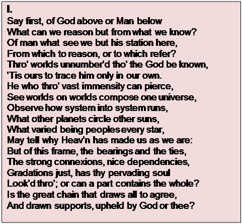 Text Box: I.
Say first, of God above or Man below
What can we reason but from what we know?
Of man what see we but his station here,
From which to reason, or to which refer?
Thro' worlds unnumber'd tho' the God be known,
'Tis ours to trace him only in our own.
He who thro' vast immensity can pierce,
See worlds on worlds compose one universe,
Observe how system into system runs,
What other planets circle other suns,
What varied being peoples every star,
May tell why Heav'n has made us as we are:
But of this frame, the bearings and the ties,
The strong connexions, nice dependencies,
Gradations just, has thy pervading soul
Look'd thro'; or can a part contains the whole?
Is the great chain that draws all to agree,
And drawn supports, upheld by God or thee?

