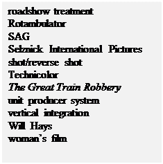 Text Box: roadshow treatment
Rotambulator
SAG
Selznick International Pictures
shot/reverse shot
Technicolor
The Great Train Robbery
unit producer system
vertical integration
Will Hays
woman�s film


